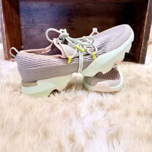 Sorel Women's grey and mint Sneakers with tan around ankle.